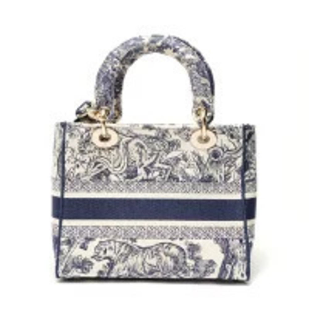 Christian Dior Lady Embroidered Handbag White x Navy Blue